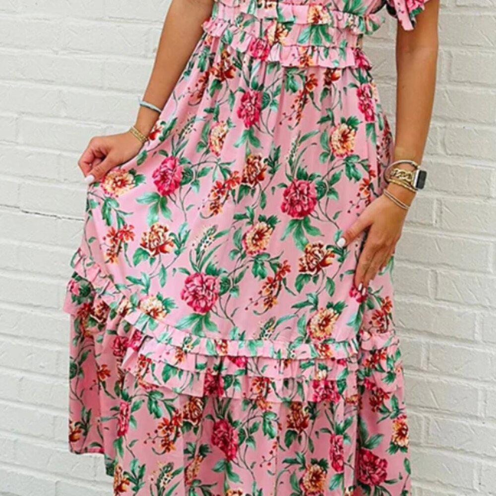 eesome Women's Out to Tea Midi Dress Pink Floral V Neck Size Large - Picture 5 of 9